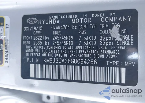 2016 Hyundai Tucson Sport z USA, uszkodzony, nr VIN KM8J3CA26GU094266